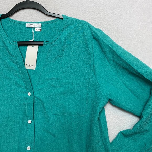 EKOUAER Blouse Womens L Teal Long Sleeve Button Front NWT - Picture 2 of 10